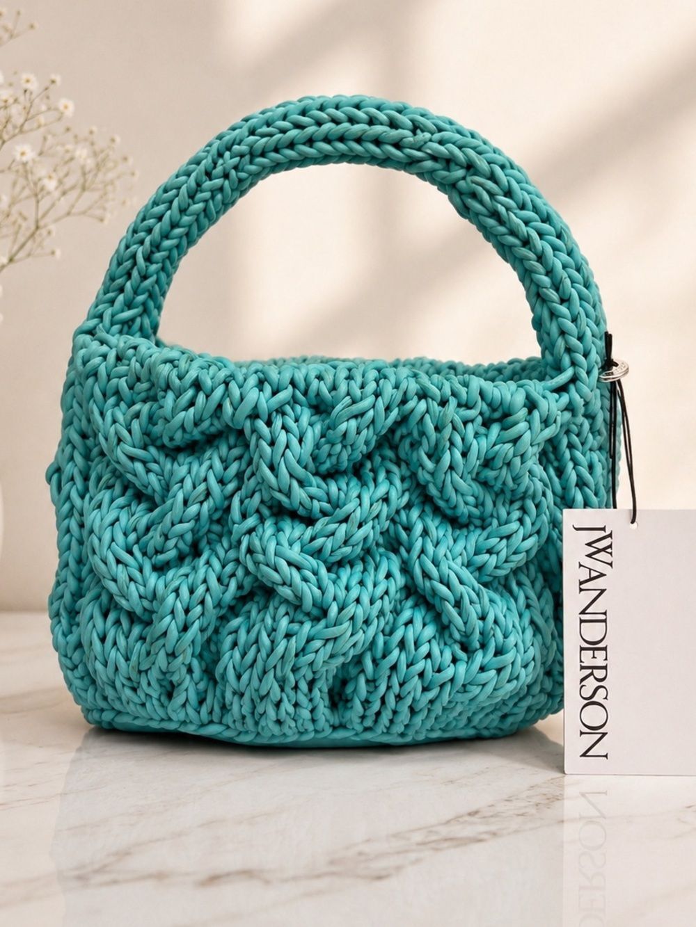 JW Anderson Small Cable Knit Bag | Aqua Blue Lambskin Luxury Leather Bag